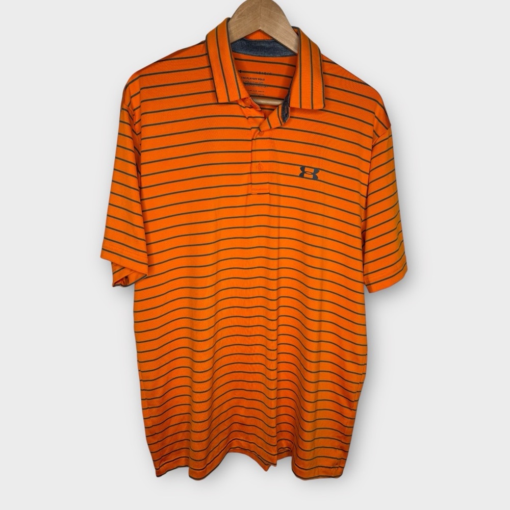 Bright Orange Under Armour Loose Fit Heat Gear Playoff Polo Stripe Shirt Large